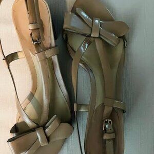 Giorgio Armani beige patent leather sandals.